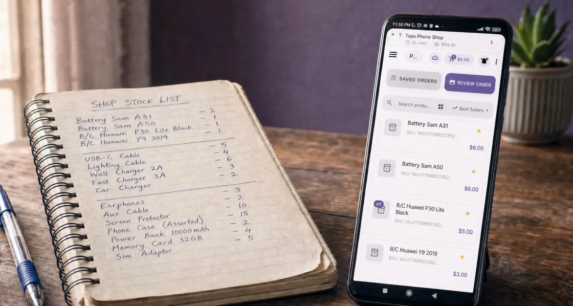 A shop's handwritten stock list in a spiral notebook, beside a phone showing the same items priced in the Essence POS till.