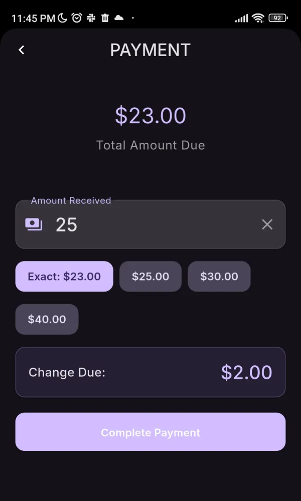 The Essence POS till on a phone, taking a $23.00 payment and showing $2.00 change due.